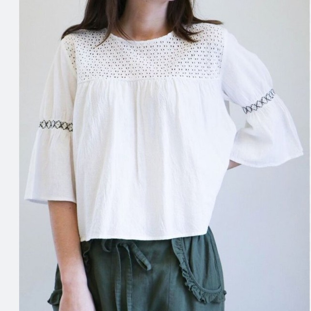 The Great. The Tavern Top off White with Green Crochet, size 1 (small)